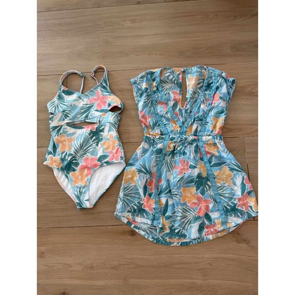 Abercrombie Kids Tropical Floral Swimsuit & Cover Up Dress Set Blue Orange 9/10